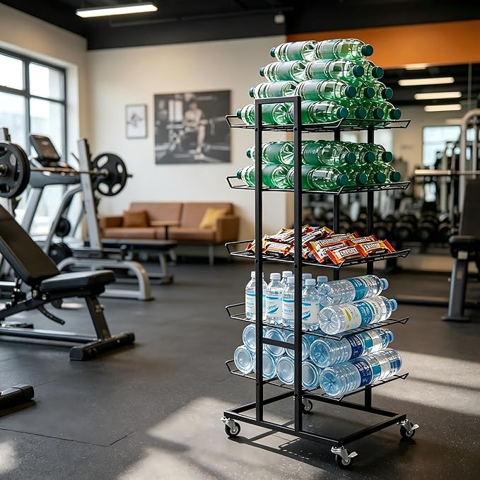 Water Bottle Organizer 5 Tier Water Bottle Holder Freestanding Storage Rack with Wheels Metal Drink Beverage Soda Can Organizer Shelf Stand for Floor Pantry Kitchen Classroom Food Storage, Black
