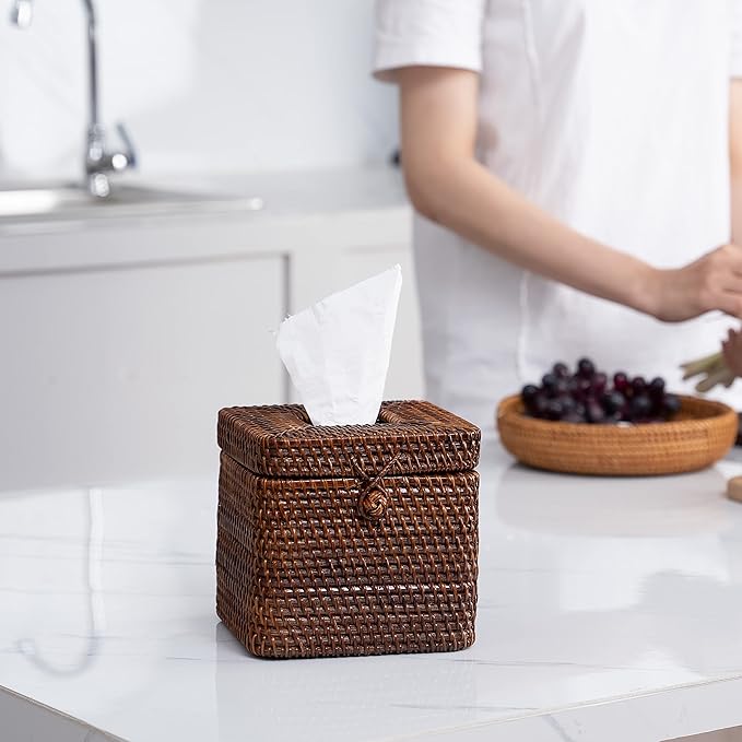 Rattan Square Tissue Box Cover- 5.7" x 5.7" x 5"-Decorative Woven Facial Tissue Holder with Hinged Top Lid- Facial Box for Home, Office,Bathrooms, Decoration (Coffee)