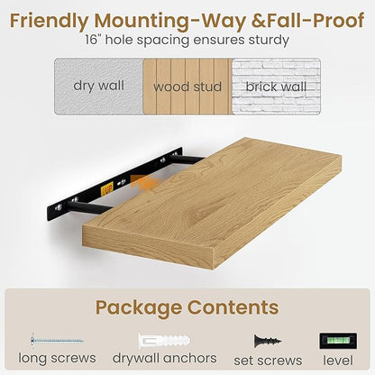 Fun Memories 48 Inch Floating Shelves, 9.3 Inch Deep Wall Shelves for Bathroom, Living Room, Bedroom, Kitchen, Deep Long Shelf Wall Mounted 1 Pack Shelf for Books, Decor, Oak