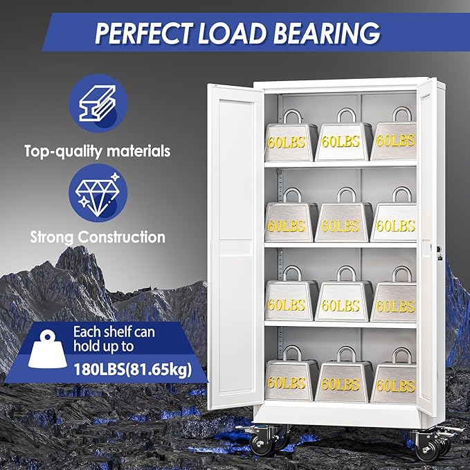 61" Tall Metal Garage Storage Cabinet with Wheels and Locking Doors and Tall Rolling Steel Tool Cabinet with 3 Adjustable Shelves for Garage,Home,Office,Shop (White)