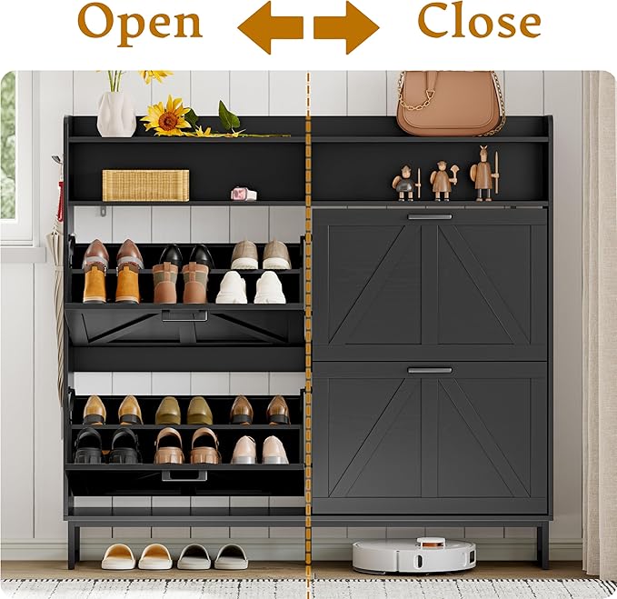Shoe Cabinet Storage for Entryway, Shoe Storage Cabinet with 4 Flip Drawers, Freestanding Narrow Shoe Rack Organizer with Metal Legs, Adjustable Shelves & Open Storage for Foyer, Hallway, Black