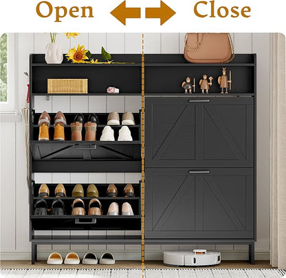 Shoe Cabinet Storage for Entryway, Shoe Storage Cabinet with 4 Flip Drawers, Freestanding Narrow Shoe Rack Organizer with Metal Legs, Adjustable Shelves & Open Storage for Foyer, Hallway, Black