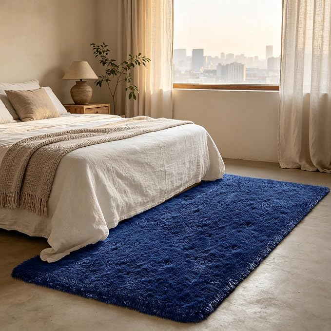 Shag Runner Rug for Bedroom Living Room 3x7 Upgrade Non-Slip Fluffy Soft Bedside Rugs,Blue Shaggy Carpet for Livingroom Dorm Home Decor Aesthetic