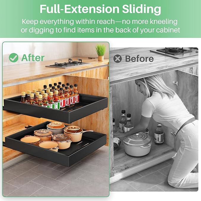 Pull out Cabinet Organizer, 21"Deep, Heavy Duty Full-Extension Slide out Drawers for Kitchen Cabinets with Nano Adhesive, Roll Out Shelf Sliding Cabinet for Pots, Bathroom, Pantry, Under Sink, Black