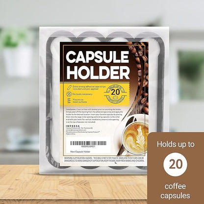 IMPRESA Coffee Pod Holder - Compatible with Nespresso VertuoLine Pods - Black Plastic 20-Capsule Capacity 14 x 11.75 In - Pre-Applied Strips - Under Cabinet Adhesive Capsule Organizer
