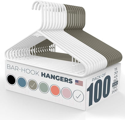 Neaties Plastic Hangers 100 Pack – Made in The USA – 6lb Capacity Standard Clothes Hangers with Strap Hooks for Dresses, Lingerie, Shirts, Pants, and Jackets – White & Gray