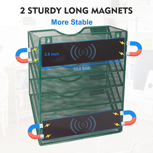 EASEPRES Magnetic 5 Pocket Mesh Hanging File Organizer, Wall Mounted Mail Paper Document Folder Holder, Clipboard Storage Organization Magazine Rack with Nametag Label for Office School, Dark Green