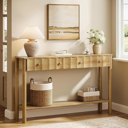 Tribesigns Console Table with 2 Drawers, 55-Inch Fluted Entryway Table, Modern Narrow Sofa Table with Open Shelf, Accent Console Furniture for Living Room, Hallway, Foyer, Light Oak