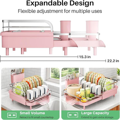 SAYZH Dish Drying Rack - Expandable Dish Rack for Kitchen Counter, Rust-Resistant Dish Drainer with Utensil Holder and Raised Guardrail, Kitchen Organizer for Cup and Bottle (Pink)