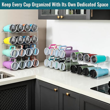 Design for Stanley 40 OZ & Large Bottles & Tumblers with Handle - Acrylic Water Bottle Organizer - Stackable Clear Wine Rack Cup Holder for Home Kitchen Pantry Shelf Countertop Cabinet, 3 Tier Hold 12