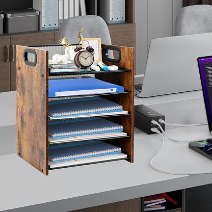 Wood Desk Organizer - 5-Tier Desktop File Organizer, Wooden Paper Tray, Office Desk Organzier and Accessories for Papers, Mail, Notebooks, Stationery