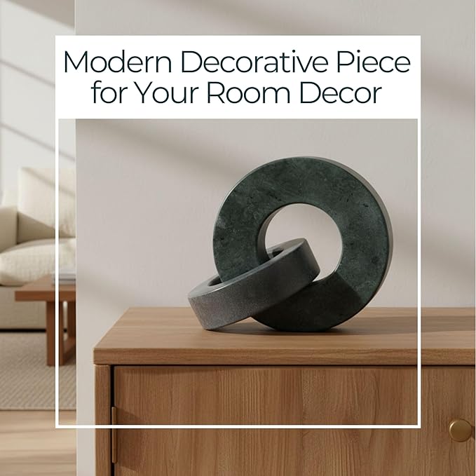 Home Decor and Bathroom Decor Marble Double Ring - Modern Shelf Sculpture and Office Accents for Room Styling - Coffee Table Ornaments and Living Room Decor Statues Design - 6", Green & Black