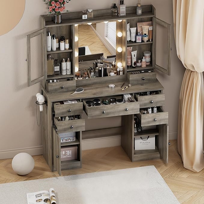 Vanity Desk with Mirror and Lights, Grey Vanity with Lighted Mirror & Power Outlet and 7 Drawers, 3 Color Modes Adjustable, Makeup Dressing Table Set with Lights for Girls Women
