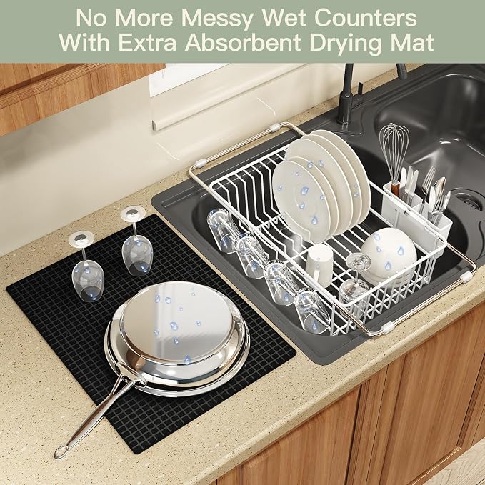 MAJALiS White Dish Drying Rack Over The Sink with Utensil Holder, Mat | Expandable Stainless Steel Dish Drainer for Small Kitchen, Apartment, RV, Counter Space Saving, Perfect Fit, Rustproof
