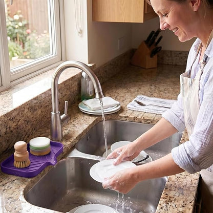 MicoYang Silicone Soap Dish with Drain Spout — Self-Draining Sink Organizer Tray for Bathroom & Kitchen, Sponges, Dispensers & Soap Holder, Non-Slip & Dishwasher Safe, Purple (Medium, 9.6"×5.3")