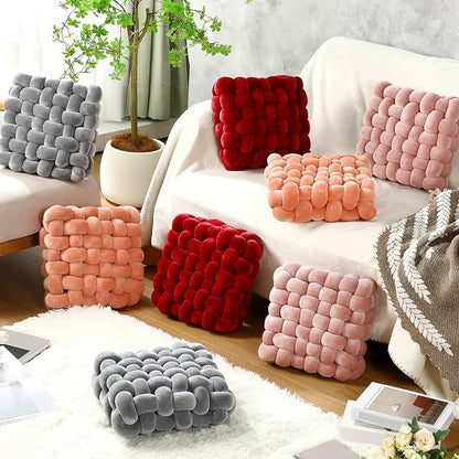 Wenqik 2 Pcs Knot Pillows Square Knotted Plush Throws Soft Accent Pillows Decoration Cushion for Couch Home Office Living Room Bedroom Bed Sofa Decor, 12'' x 13''(Coral Red,Crystal Velvet)