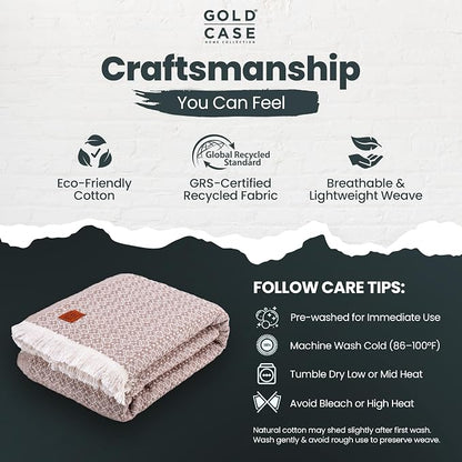 Gold Case Throw Blanket for Bed - 100% Recycled Turkish Cotton Blanket - Retro Lightweight Soft Throw Blankets for Bed & Living Room - Twin Size Cozy Blankets - 71x90 - Beige