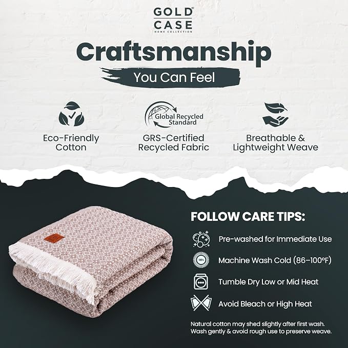 Gold Case Throw Blanket for Bed - 100% Recycled Turkish Cotton Blanket - Retro Lightweight Soft Throw Blankets for Bed & Living Room - Queen Size Cozy Blankets - 90x90 - Beige