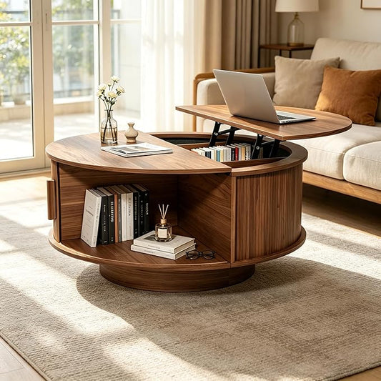 Round Lift Top Coffee Table, Mid Century Modern Fluted Circle Coffee Table with Hidden Storage Compartment, Wooden Center Table with Open Shelf for Living Room, Small Space, Walnut