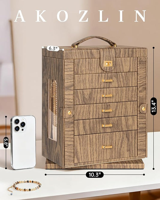AKOZLIN 6-Tier Jewelry Box Organizer Functional 5 Drawers Leather Jewelry Storage Case for Women Girls Ring Necklace Earring Bracelet Holder Organizer with Mirror XL Wood Grain 360° Rotating