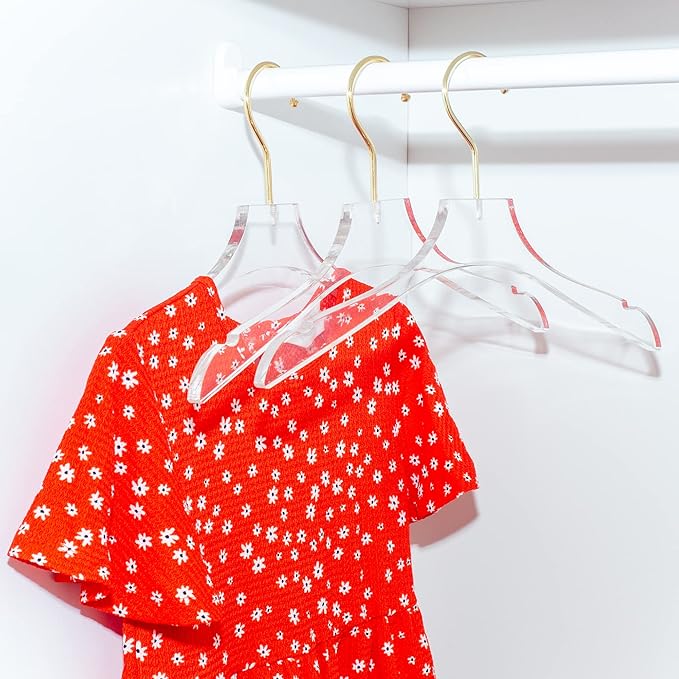HomeCube USA Clear Acrylic Clothes Hanger with Gold Hooks – Heavy Duty Lucite Closet Organizer, Elegant & Sturdy for Shirts, Dresses, Coats, Suits & Boutique Use (5, Small 13")
