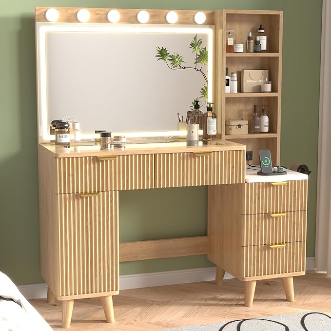 43" Fluted Makeup Vanity Desk with 32" Mirror and Lights, Modern Glass Top Large Vanity Table with 5 Drawers and 2 Storage Cabinets, Dressing Table Set with Charging Station for Bedroom-Gray