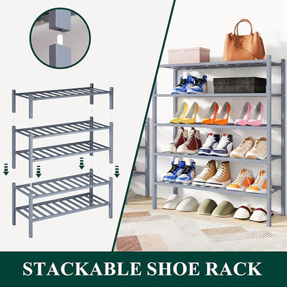 Smiry Bamboo Shoe Rack, 4 Tier Free Standing Wooden Shoe Organizer, Stackable Wood Shoe Storage Shelf for Closet, Entryway, 12 Vertical Slats, 2+2 Stack Standard Legs, 26.8"x11"x26", Grey
