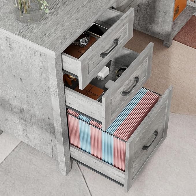 Vabches Farmhouse 61'' Executive Desk with 5 Drawers, Rustic Office Desk Computer Desk with Charging Station, File Drawers and Storage Cabinet, Wood Workstation for Home Office and Study,Grey.