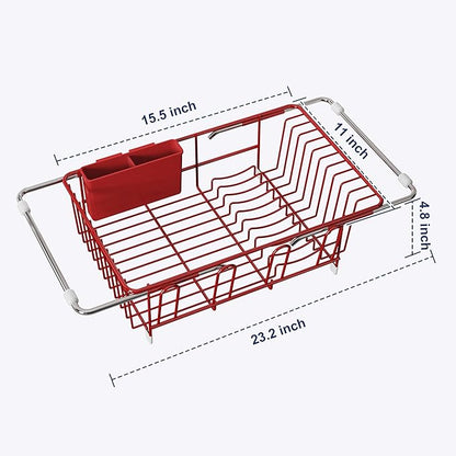JASIWAY Red Dish Drying Rack in Sink, Expandable Stainless Steel Dish Drainers for Kitchen Counter, Dish Dryer Rack for Inside Sink, Over The Sink Dish Racks with Utensil Holder