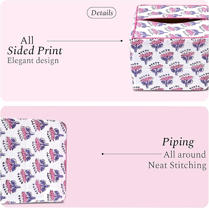 CPC Pink Sapphire Hand Block Printed Cotton Tissue Box Cover 5" x 5" x 5.5" Square Soft Reusable Boho Napkin Holder for Home Kitchen Dining Bathroom Office Cafe Spa Summer Thanksgiving