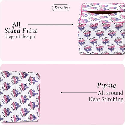 CPC Pink Sapphire Hand Block Printed Cotton Tissue Box Cover 5" x 5" x 5.5" Square Soft Reusable Boho Napkin Holder for Home Kitchen Dining Bathroom Office Cafe Spa Summer Thanksgiving