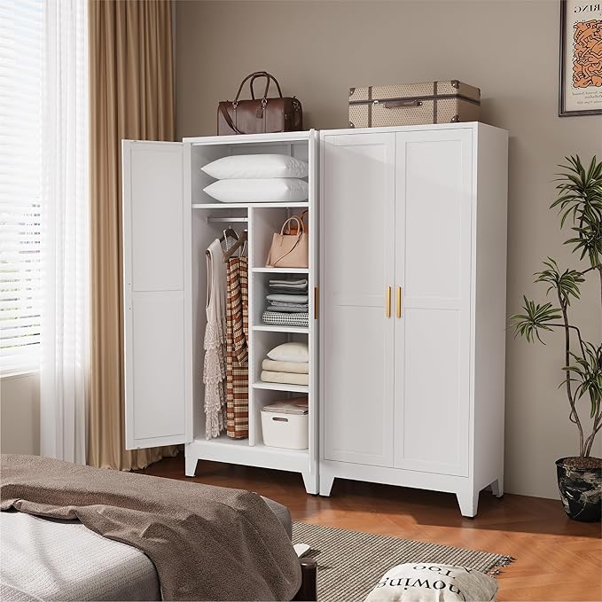 COFaR 71" Metal Wardrobe Closet with Adjustable Shelves & Hanging Rod, Freestanding Armoire with Top Storage & Two-Section Design, White Steel Storage Cabinet for Bedroom