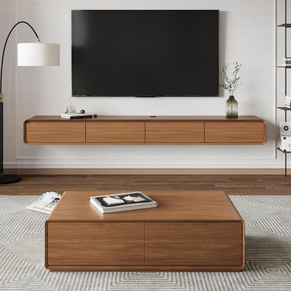 POVISON Mid Century Coffee Table with 4 Drawers,51” Rectangle Wood Coffee Table for Living Room, Fully Assembled, Walnut
