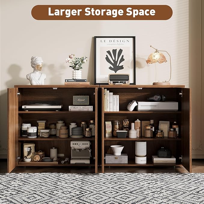 Rophefx Fluted Sideboard Cabinet, 126" Buffet Cabinet with Storage, Credenza Storage Cabinets with Adjustable Shelf, Wood Entryway Cabinets with Pop-up Doors for Living Room, Entryway, Hallway, Walnut