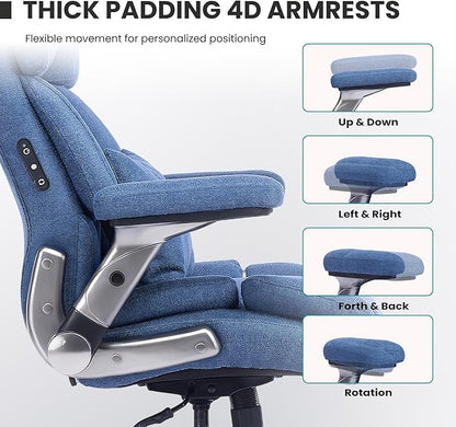 750lbs Heavy Duty Desk Chair with 3D Kneading Massage, Big and Tall Office Chairs with Ergonomic Support, 4D Armrests, 5 Quiet Dual Rubber Wheel, Thick Pocket Spring Cushion(Blue, Fabric)