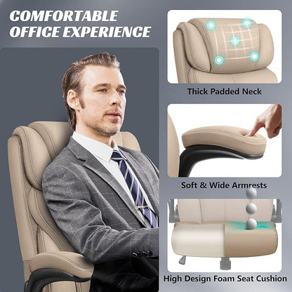 Office Chair, Ergonomic Big and Tall Computer Desk Chairs, Executive Breathable Leather Chair with Adjustable High Back Flip-up Armrests, Lumbar Support Swivel PC Chairs with Rocking Function