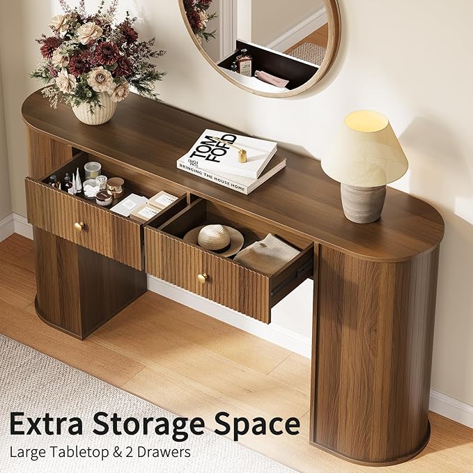 59" Fluted Console Table with 2 Drawers - Wood Entryway Table with Storage, Mid Century Modern Long Sofa Tables Behind Couch with Curved Legs for Living Room, Entry, Hallway, Foyer, Walnut