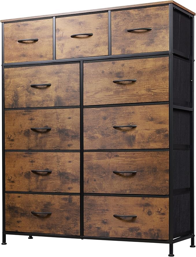Tall Console Table with 11 Fabric Drawers, Entryway Table with Storage, Tall Storage Organizer with Wood Top, Steel Frame for Living Room, Hallway, Office, Rustic Brown