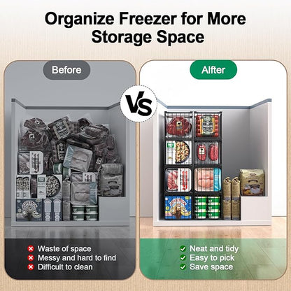 MSERCUOR Freezer Organizer Bins, 4 Pack Stackable Deep Chest Freezer Organizer Bins, Foldable Baskets with Handles, Black Storage Container Baskets for 5/ 7 Cu.FT Deep Freezer Sort Frozen Meats