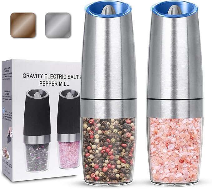 UNNEES Gravity Electric Salt and Pepper Grinder set of 2, Automatic Salt And Pepper Grinder Set, Adjustable Roughness, Battery Powered, LED Light, 2 Pack, (Silver)