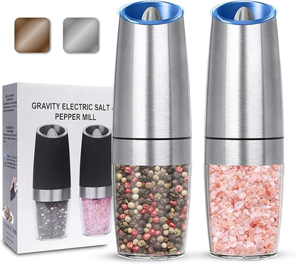 UNNEES Gravity Electric Salt and Pepper Grinder set of 2, Automatic Salt And Pepper Grinder Set, Adjustable Roughness, Battery Powered, LED Light, 2 Pack, (Silver)
