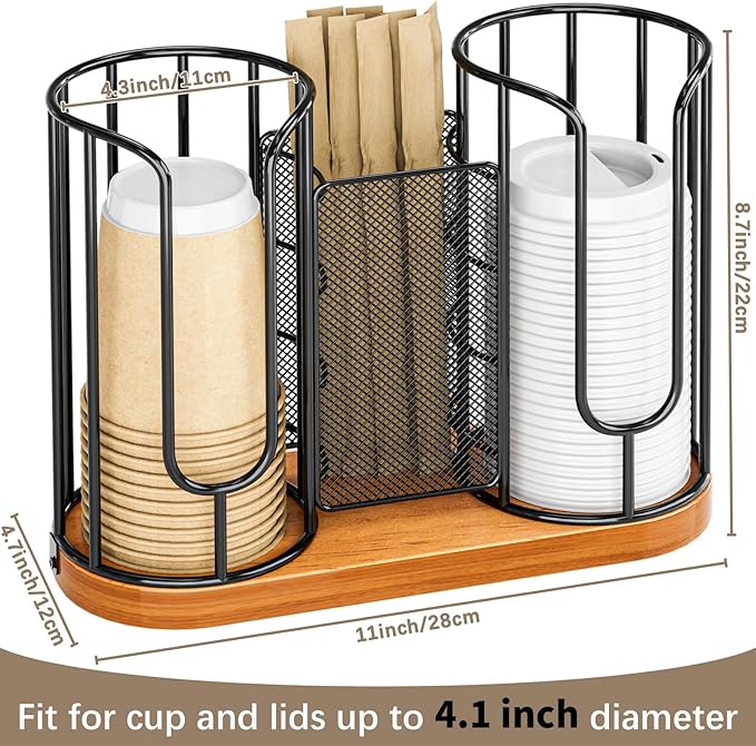 Coffee Cup and Lids Holder - Disposable Cups Straws Organizer with Wooden Base - Paper Plastic Cup Holder Dispenser Storage for Countertop Coffee Station Bar Restaurant Office Breakroom Shop Kitchen