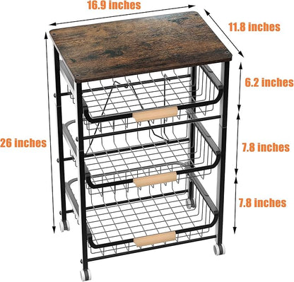 NiuYichee 4-Layer Fruit Basket Kitchen Food Organizer and Rack, Stackable Storage Cart with Desktop, Pull-Out Hollow Metal Basket, Sliding Out Storage (Black 4-Layer Rack)