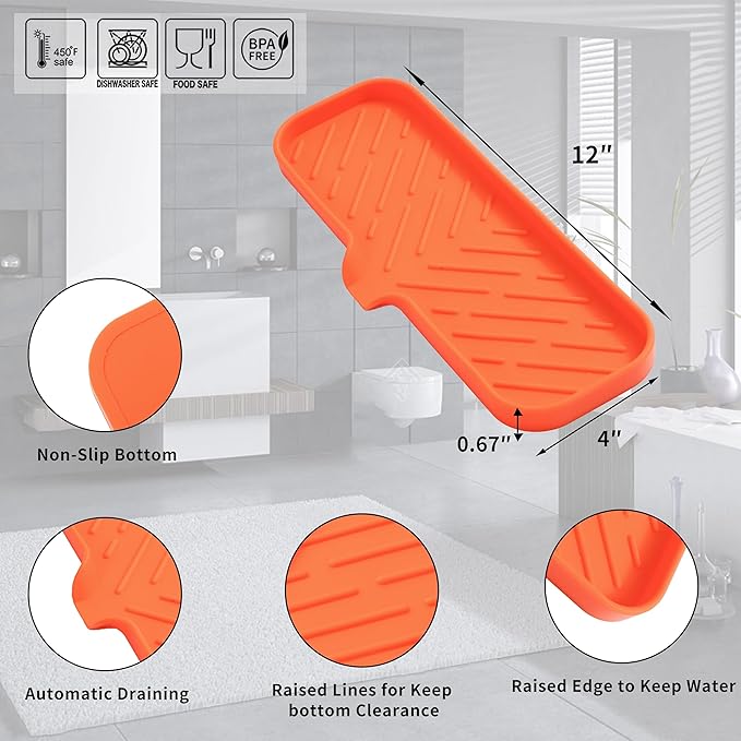 MicoYang Silicone Soap Dish with Drain Spout — Self-Draining Double Sink Organizer Tray for Kitchen & Bathroom, Dispensers, Sponges & Soap Holder, Non-Slip & Dishwasher Safe, Orange (Large, 12"×4")