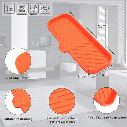 MicoYang Silicone Soap Dish with Drain Spout — Self-Draining Double Sink Organizer Tray for Kitchen & Bathroom, Dispensers, Sponges & Soap Holder, Non-Slip & Dishwasher Safe, Orange (Large, 12"×4")