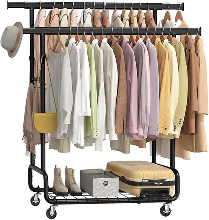 SONGMICS Clothes Rack, Heavy-Duty Rolling Clothing Garment Rack with Wheels, Extendable Double Hanging Rods and Adjustable Height, Portable, with Shelf and Hooks, Ink Black UHSR015B01