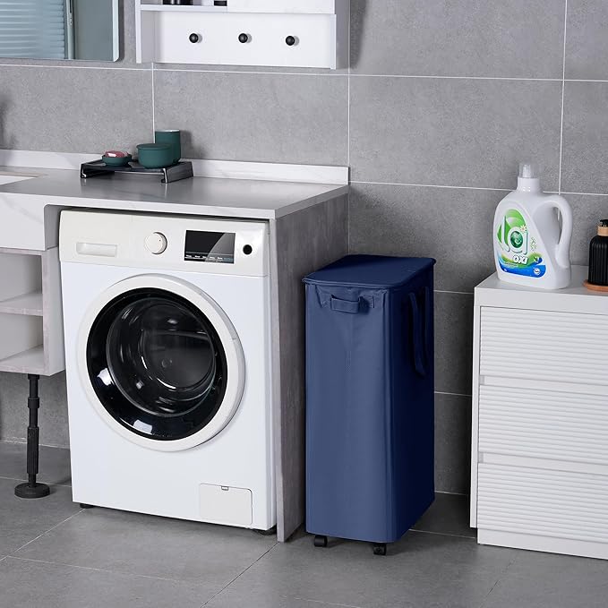 Vincona Slim Laundry Hamper with Lid and Wheels, Small Rolling Laundry Basket with Handle for Small Spaces, Tall Dirty Clothes Hampers for Dorm, Bathroom and Bedroom, 75L, Blue