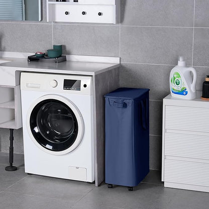 Vincona Slim Laundry Hamper with Lid and Wheels, Small Rolling Laundry Basket with Handle for Small Spaces, Tall Dirty Clothes Hampers for Dorm, Bathroom and Bedroom, 75L, Blue