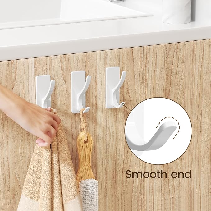 pickpiff White Self Adhesive Coat Hooks for Hanging: 13LB Extra Strong Stainless Wall Hook for Towel, Utensil, Backpack, Hat, Sturdy Metal Hanger for Bathroom, Kitchen, Door, 6 Pack