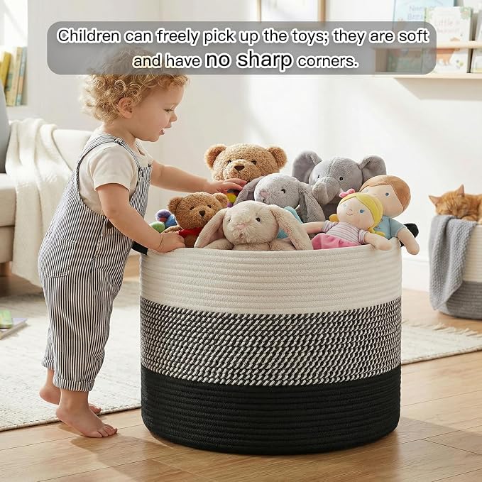 Artfeel 70L Large Cotton Rope Basket, Decorative Woven Blanket Storage for Living Room, Boho Toy Storage & Toy Box for Kids, Versatile Laundry Basket & Nursery Hamper for Blankets(Black)